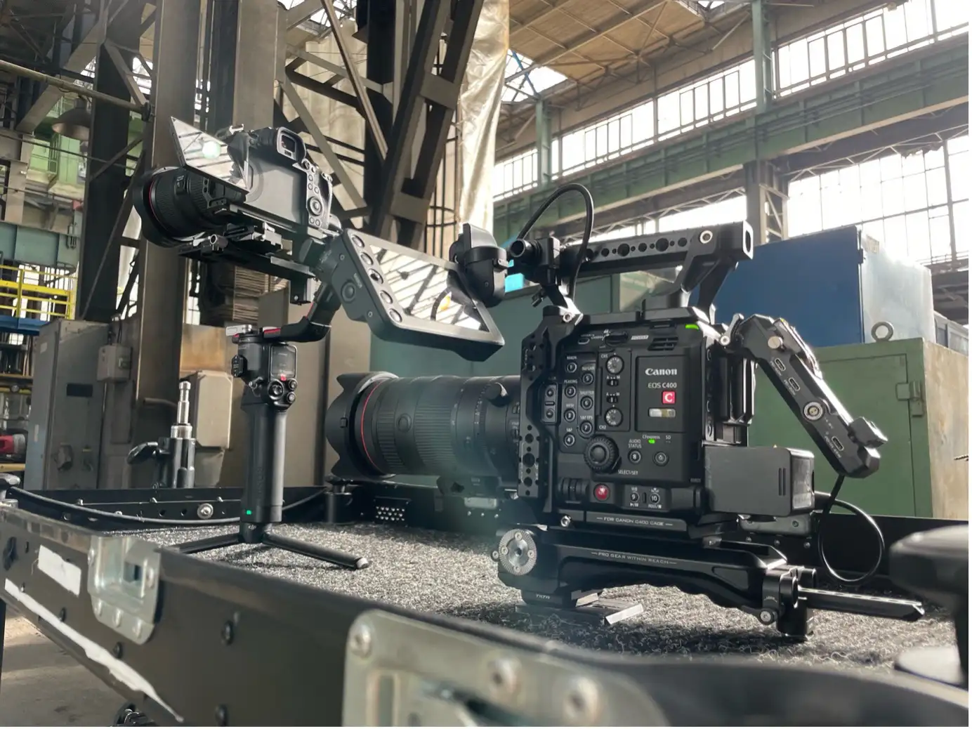 Some of Collective Production's gear, sitting on foam case.
