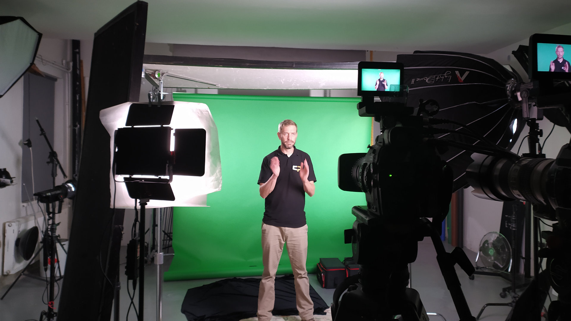 Green screen recording with a multi-camera setup and controlled lighting.